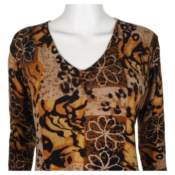 Joseph A Top Womens L Sweater Silk Blend Animal Print Brown Multi V Neck Stretch - Picture 3 of 10